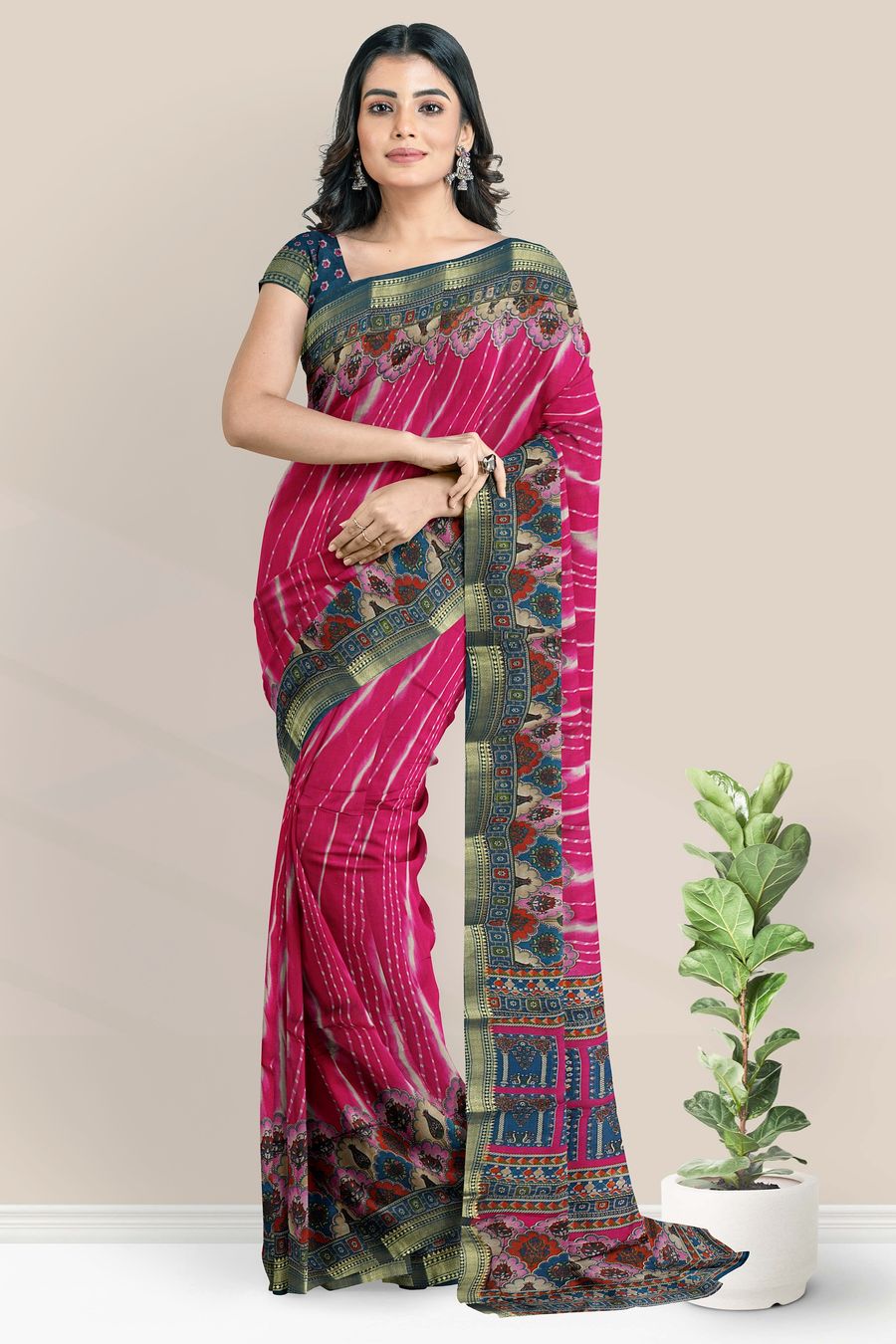 Cotton And Silk Shibori Design Pink With Rama Green Saree