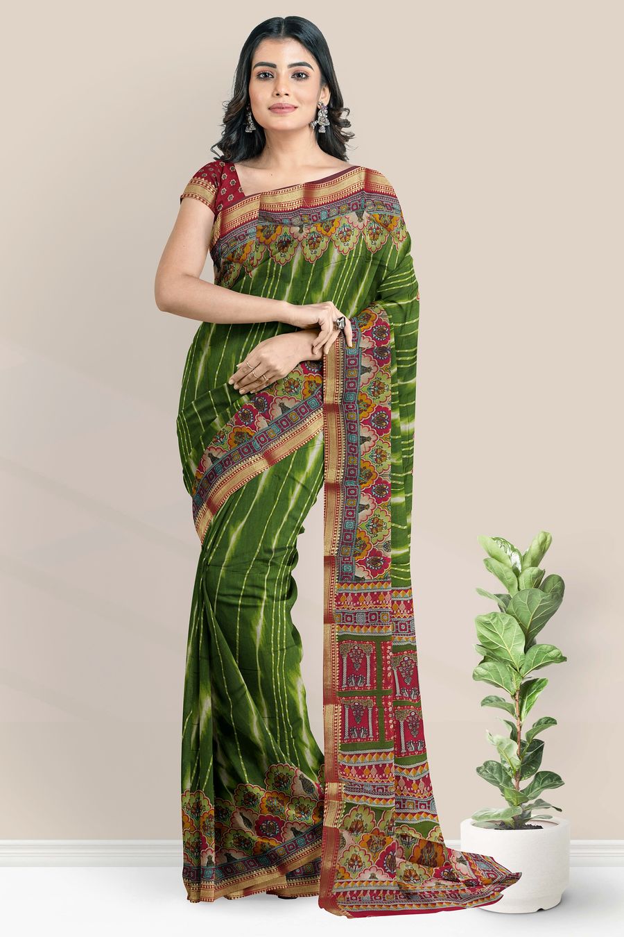Cotton And Silk Shibori Design Dark Green With Pink Saree