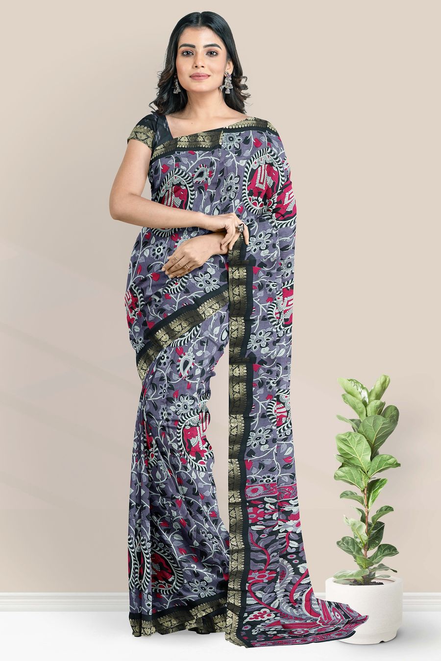 Cotton And Silk Kalamkari Print Purple With Black Saree