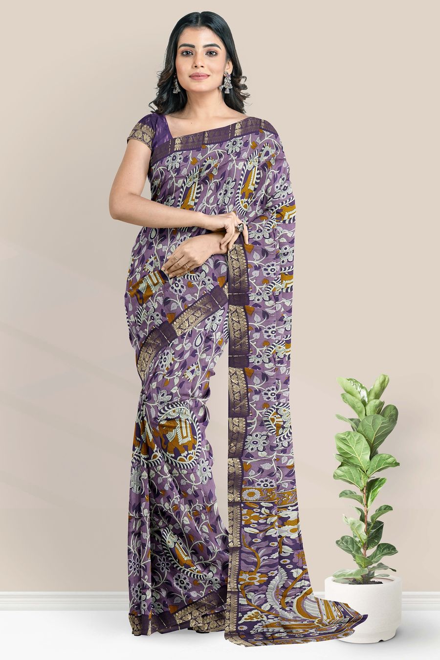 Cotton And Silk Kalamkari Print Lavender With Purple Saree