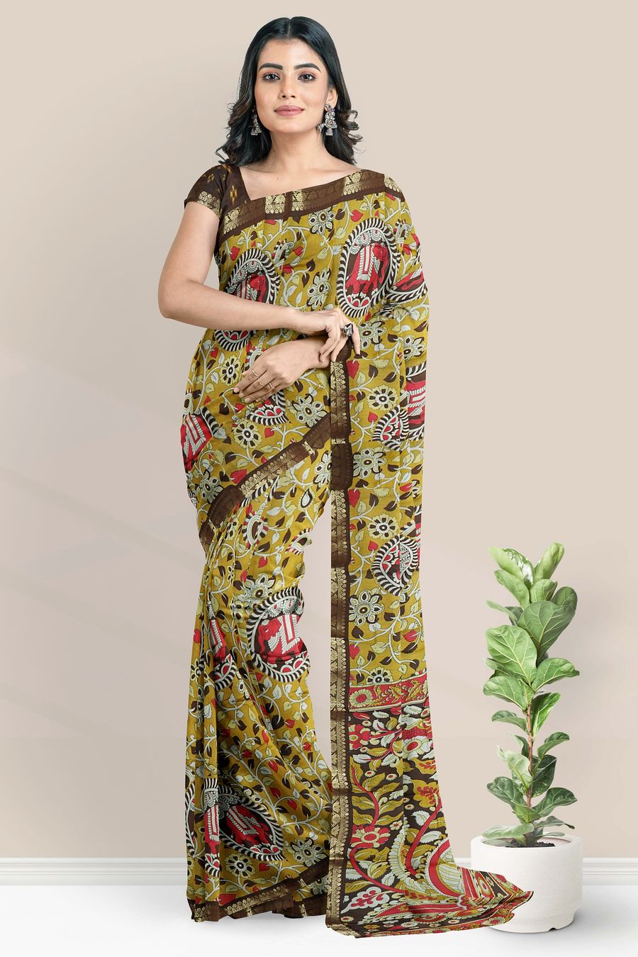 Cotton And Silk Kalamkari Print Musatard Yellow With Brown Saree