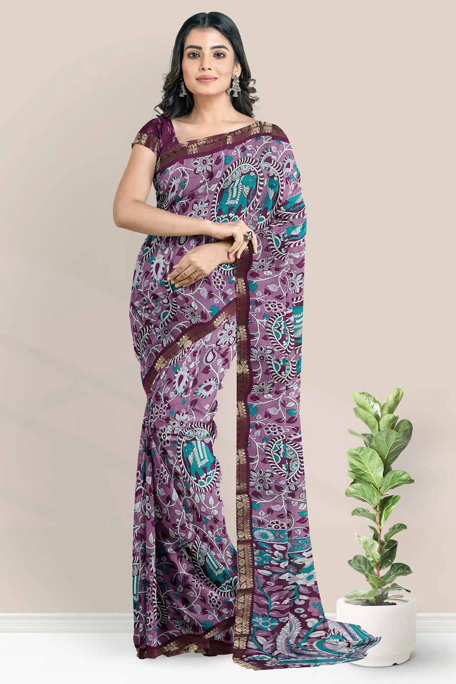 Cotton And Silk Kalamkari Print Pink With Dark Wine Saree