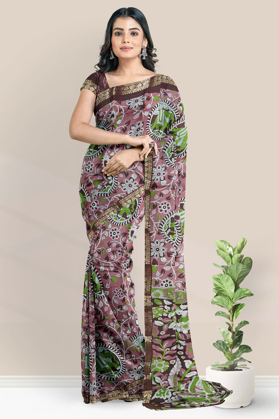 Cotton And Silk Kalamkari Print Onion Pink With Brown Saree