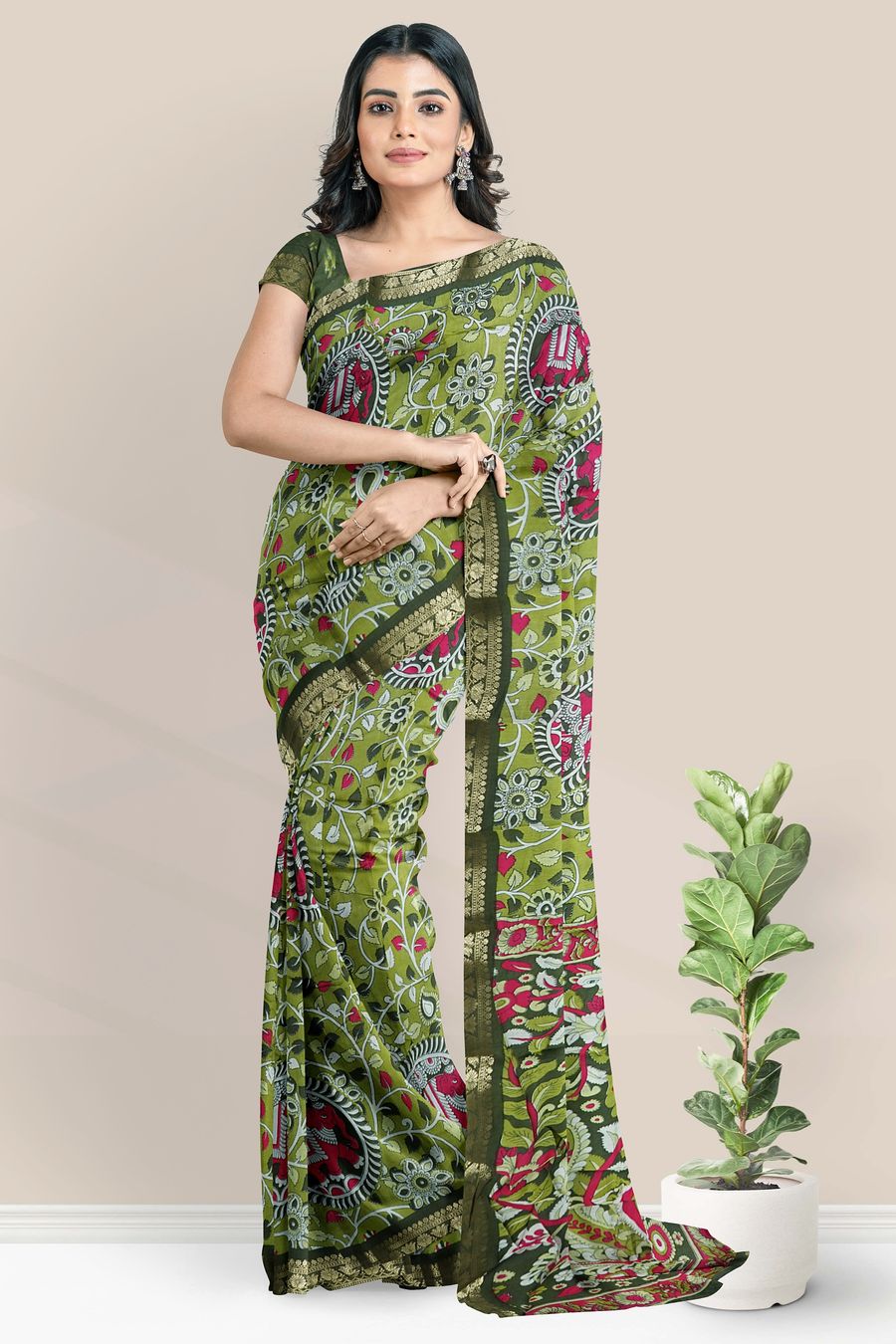 Cotton And Silk Kalamkari Print Mehandi Green With Dark Green Saree