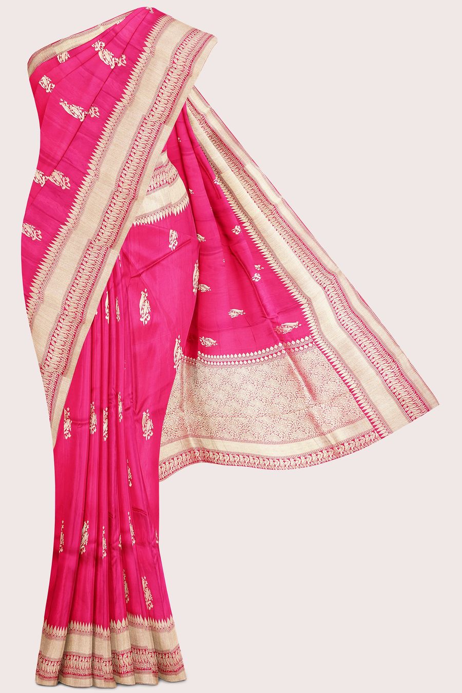 Banaras Chinon Crepe Meena Work Butti Bright Pink Saree