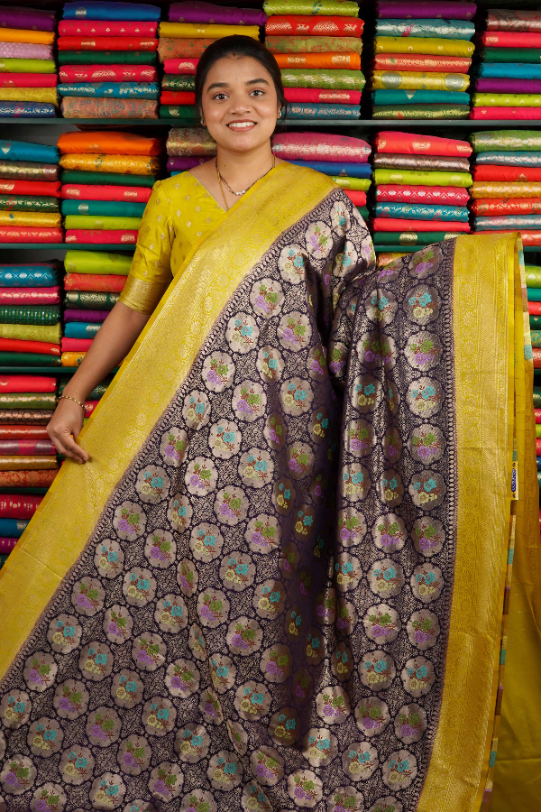 Banarasi Silk All Over Dark Wine And Yellow Saree