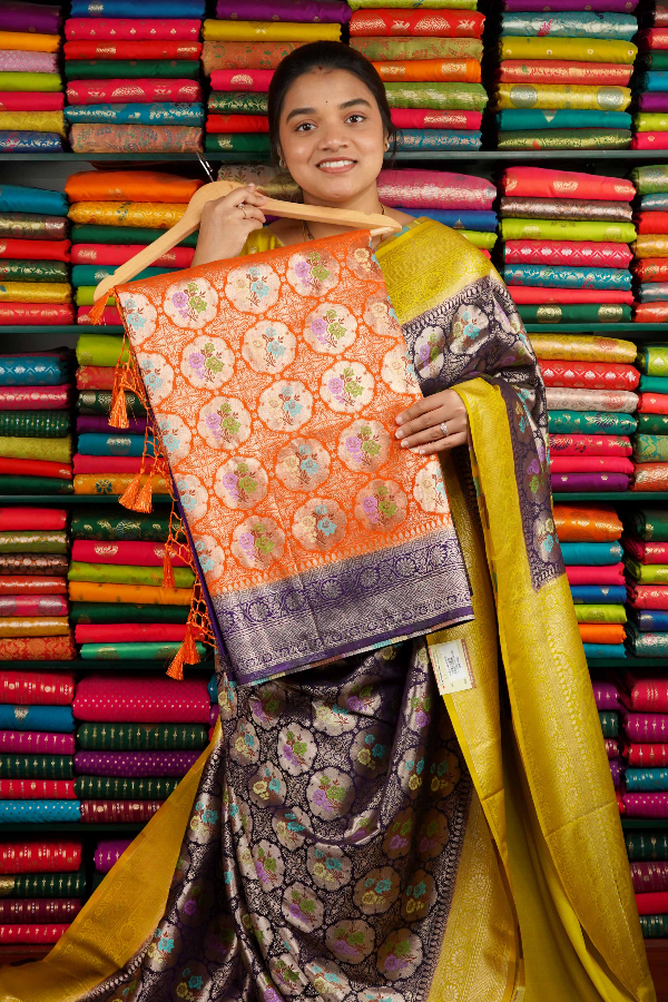 Banarasi Silk All Over Dark Orange And Purple Saree