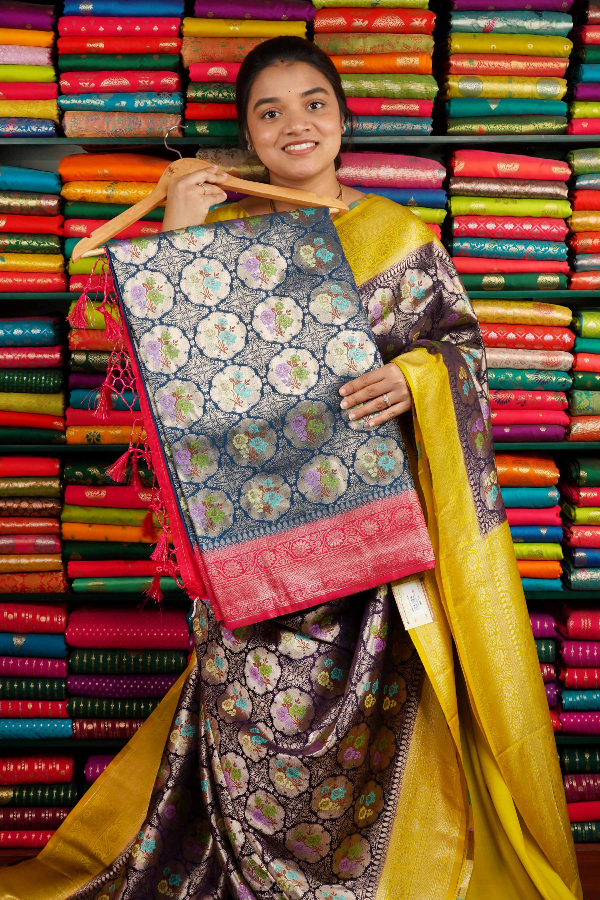 Banarasi Silk All Over Peacock Green And Pink Saree