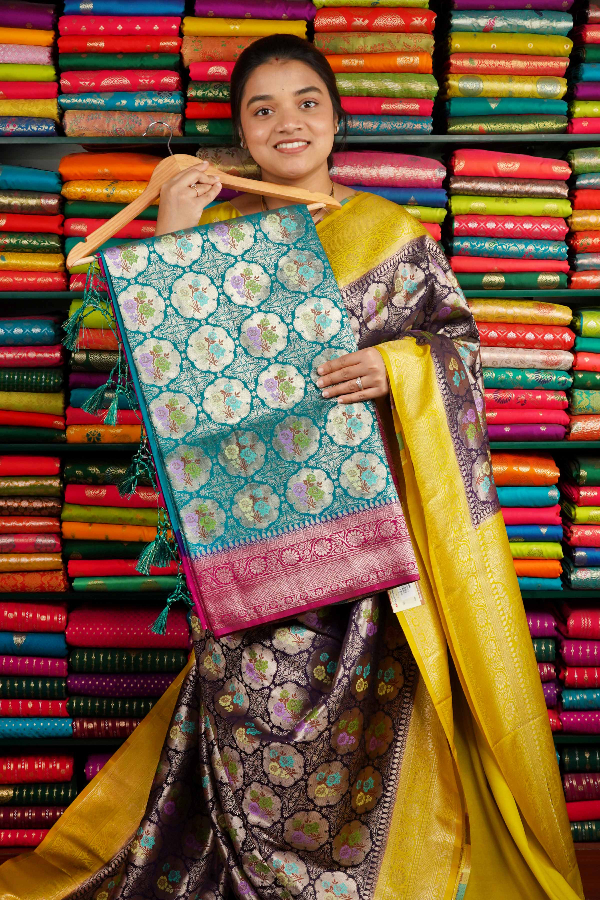 Banarasi Silk All Over Rama Green And Magenta Saree