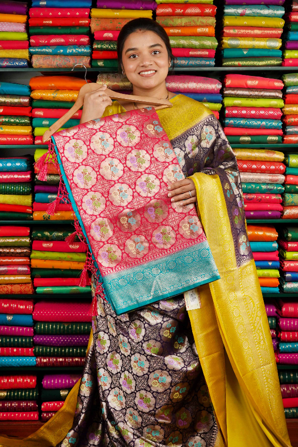 Banarasi Silk All Over Pink And Rama Green Saree