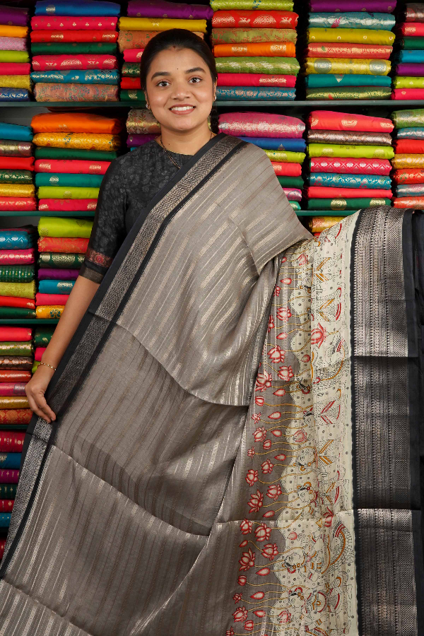 Semi Dola Silk Zari Lines With Print Gray And Black Saree