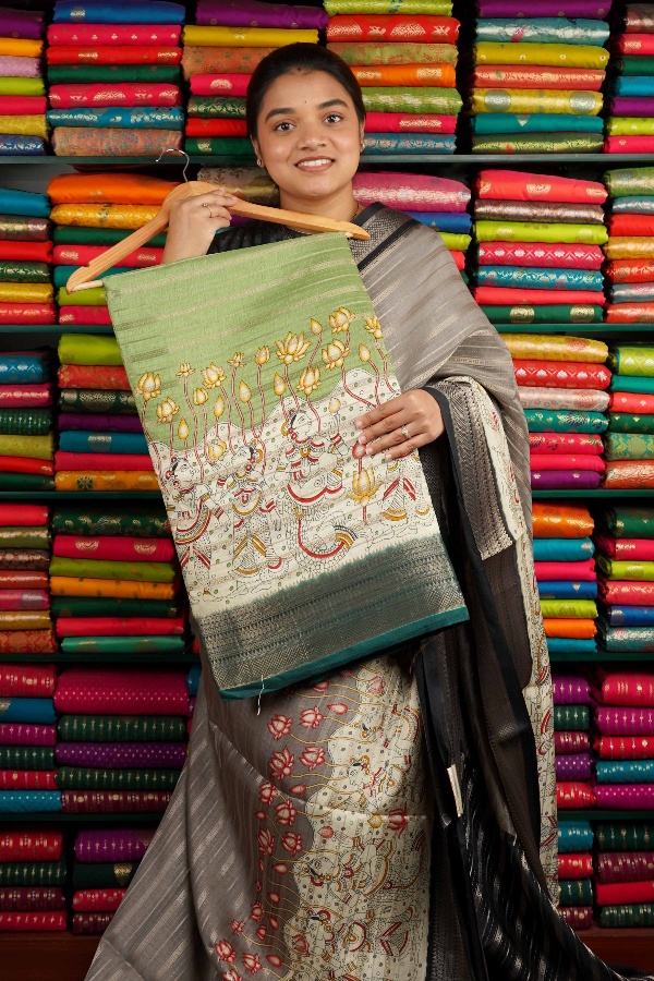 Semi Dola Silk Zari Lines With Print Light Green And Rama Green Saree