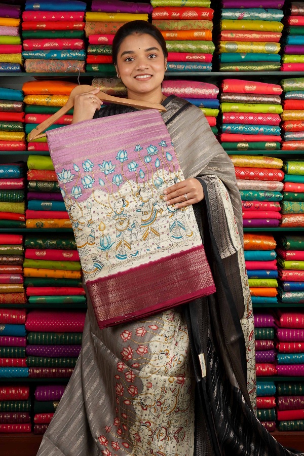 Semi Dola Silk Zari Lines With Print Light And Dark Pink Saree