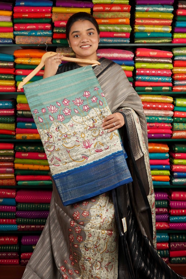 Semi Dola Silk Zari Lines With Print Light Sea Green And Royal Blue Saree