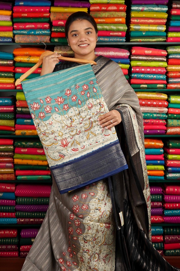 Semi Dola Silk Zari Lines With Print Light Sea Blue And Navy Blue Saree