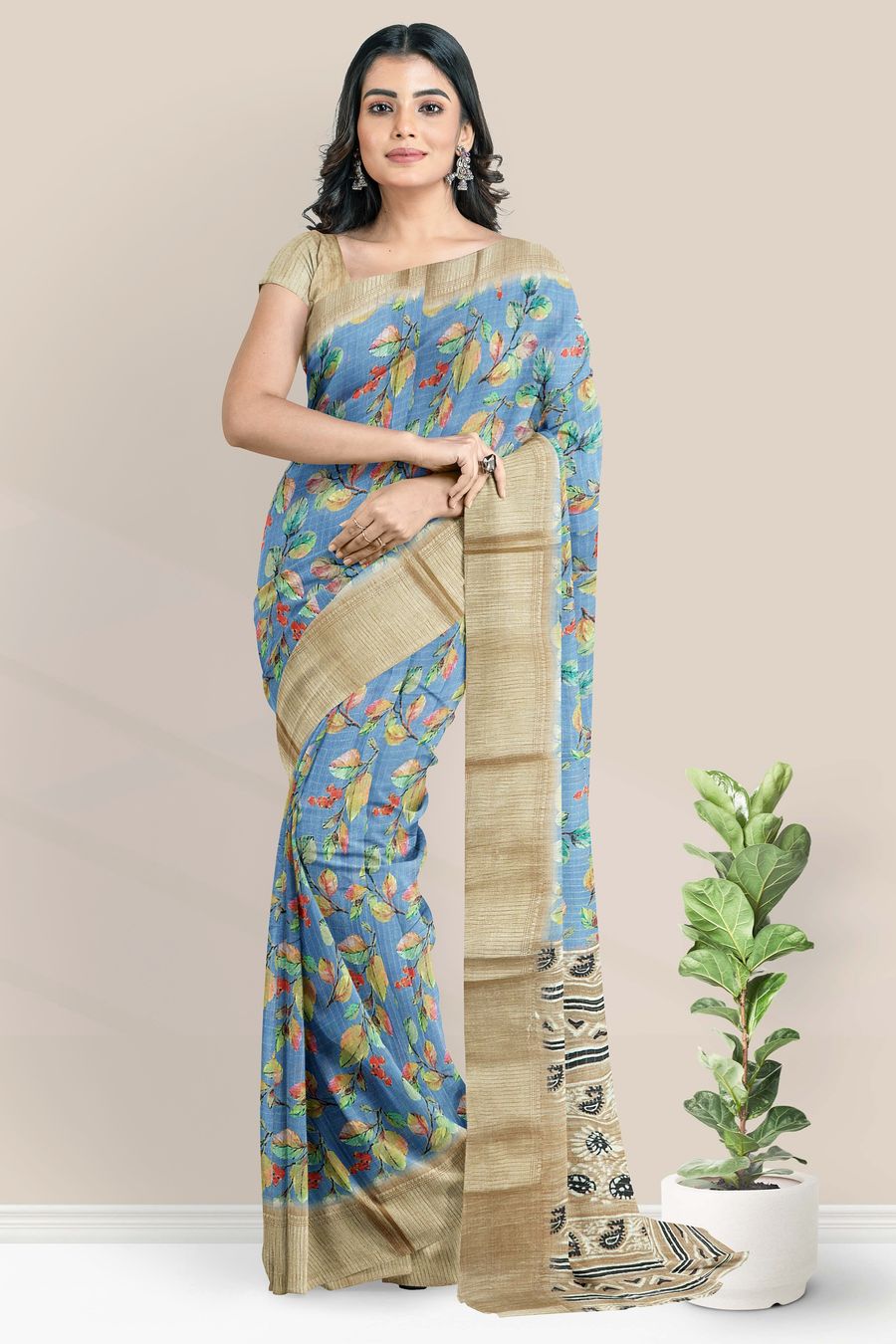 Fancy Gadi Silk Leaf Digital Print Light Blue With Snuff Saree