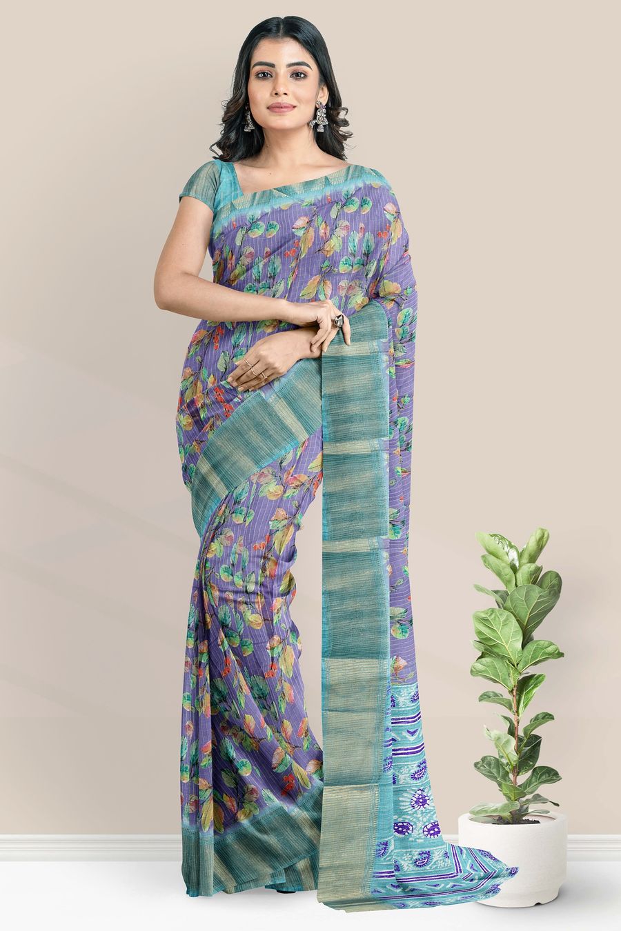 Fancy Gadi Silk Leaf Digital Print Lavender With Teal Green Saree