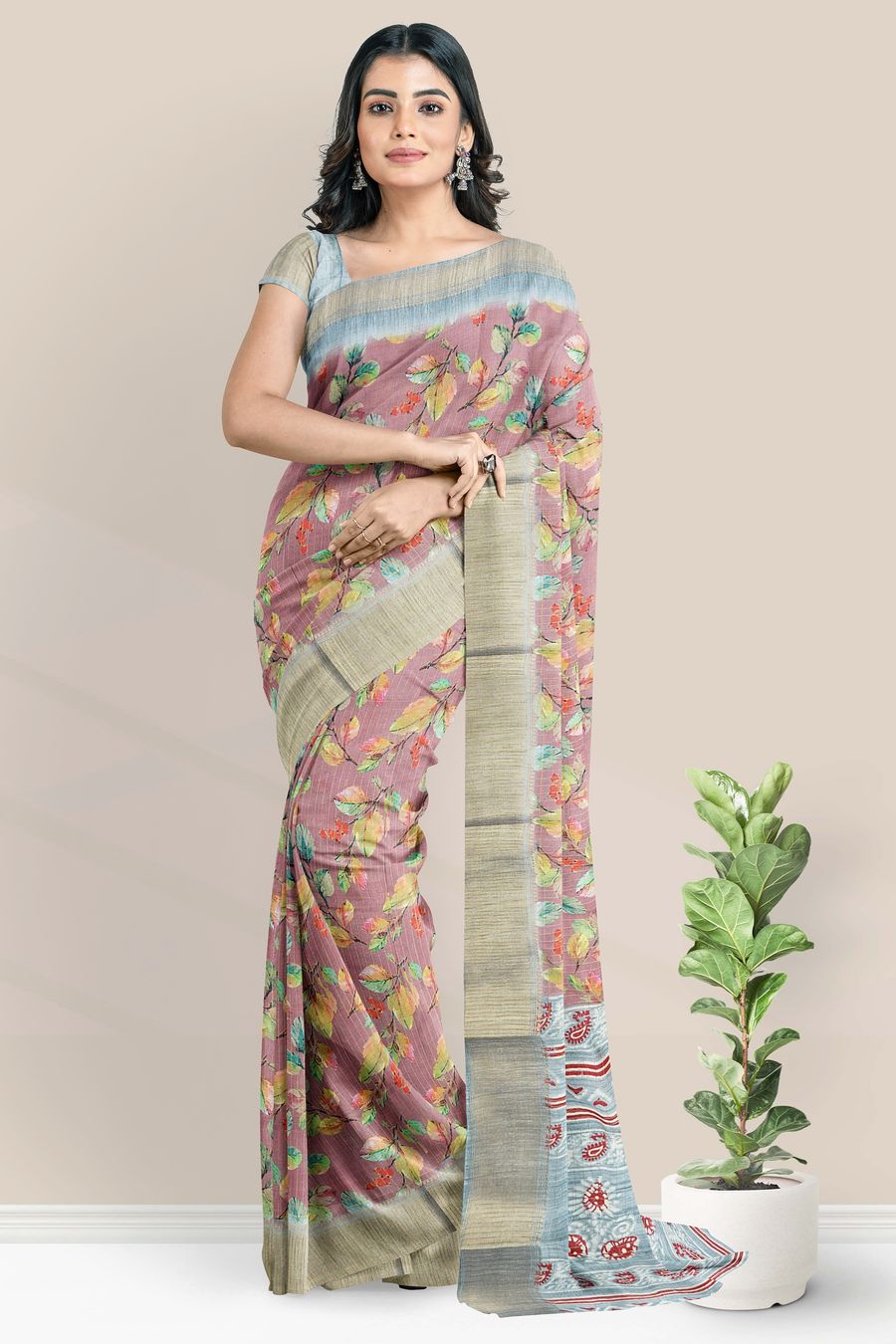 Fancy Gadi Silk Leaf Digital Print Dark Pink With Ash Saree