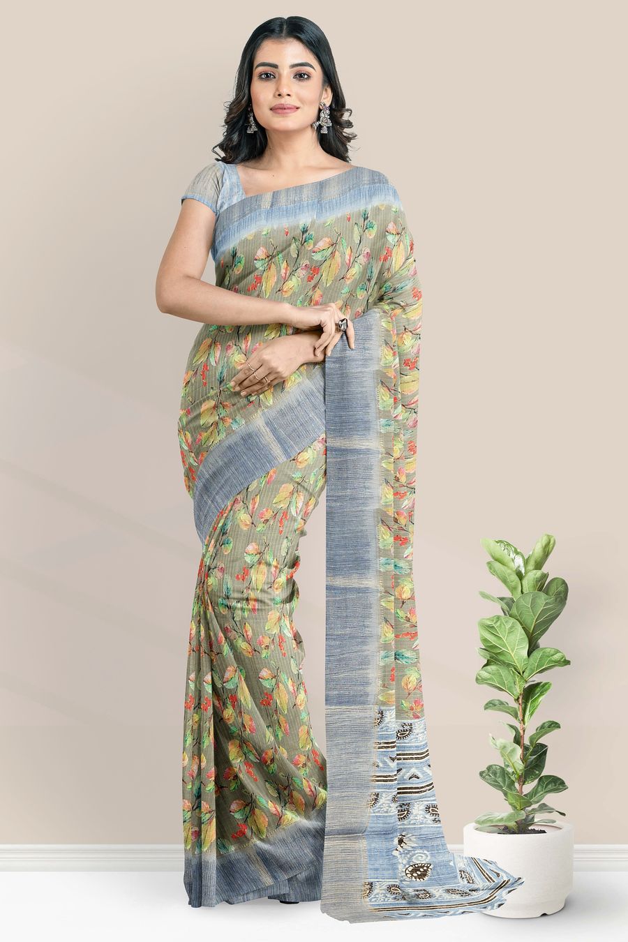 Fancy Gadi Silk Leaf Digital Print Ash With Light Blue Saree