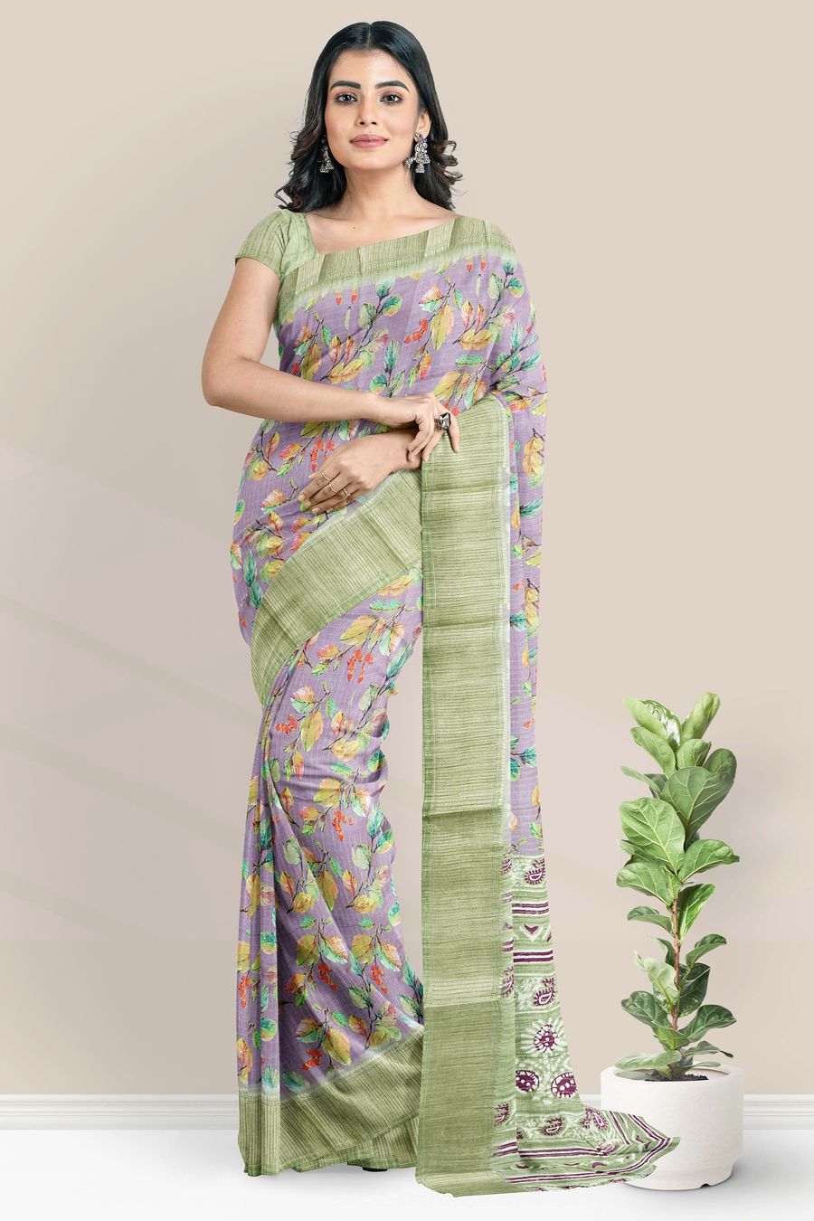 Fancy Gadi Silk Leaf Digital Print Light Brinjal With Green Saree