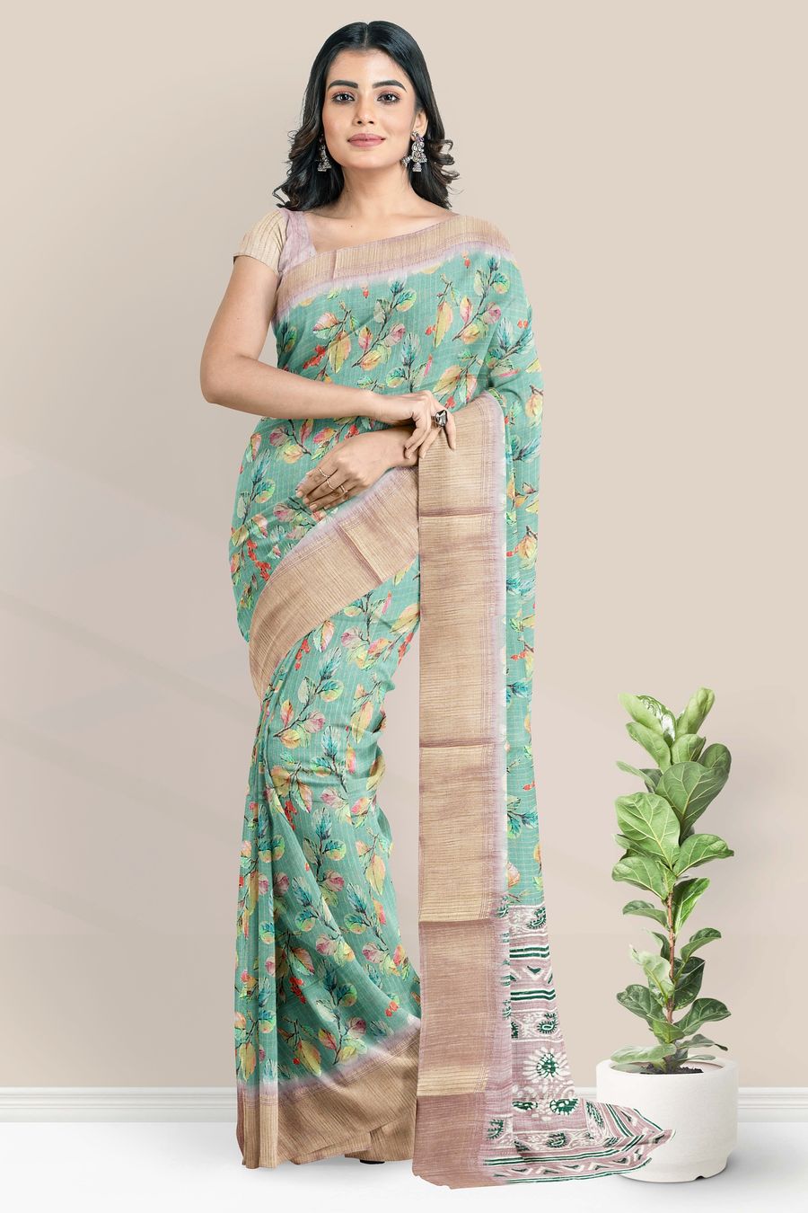 Fancy Gadi Silk Leaf Digital Print Green With Pink Saree