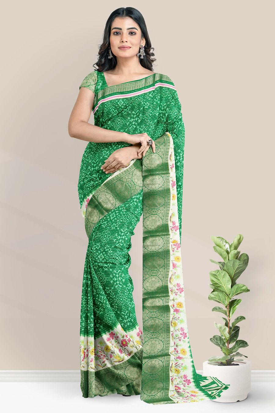 Fancy Doriya Silk Ikkath Printed Design Dark Green Saree