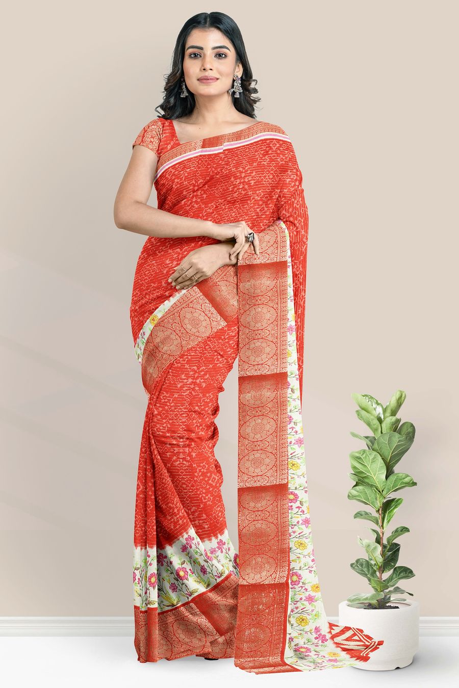 Fancy Doriya Silk Ikkath Printed Design Red Saree