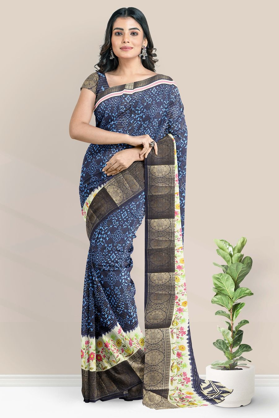 Fancy Doriya Silk Ikkath Printed Design Dark Navy Blue Saree