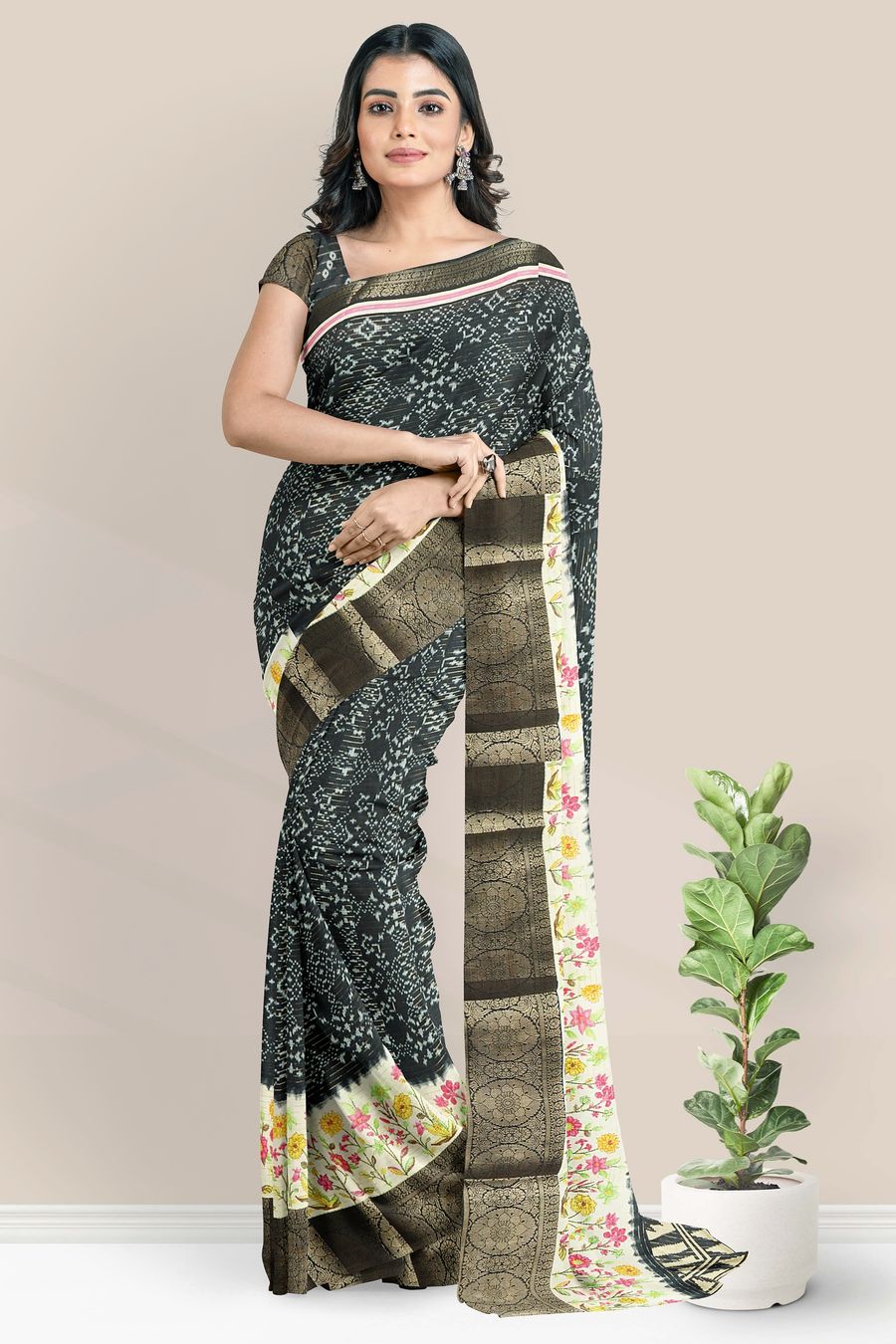 Fancy Doriya Silk Ikkath Printed Design Black Saree