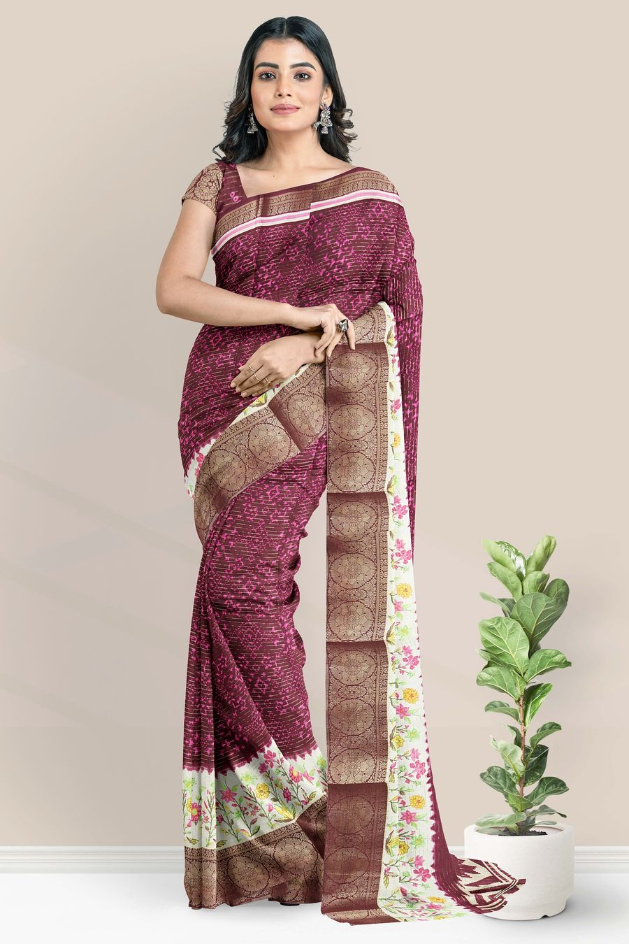 Fancy Doriya Silk Ikkath Printed Design Bright Magenta Pink Saree