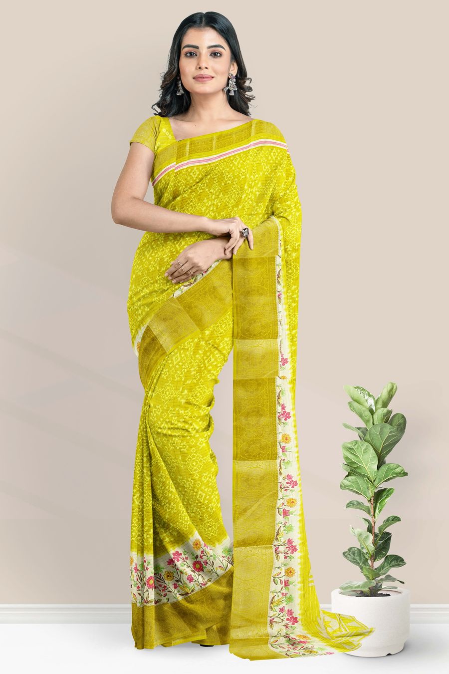 Fancy Doriya Silk Ikkath Printed Design Lemon Yellow Saree
