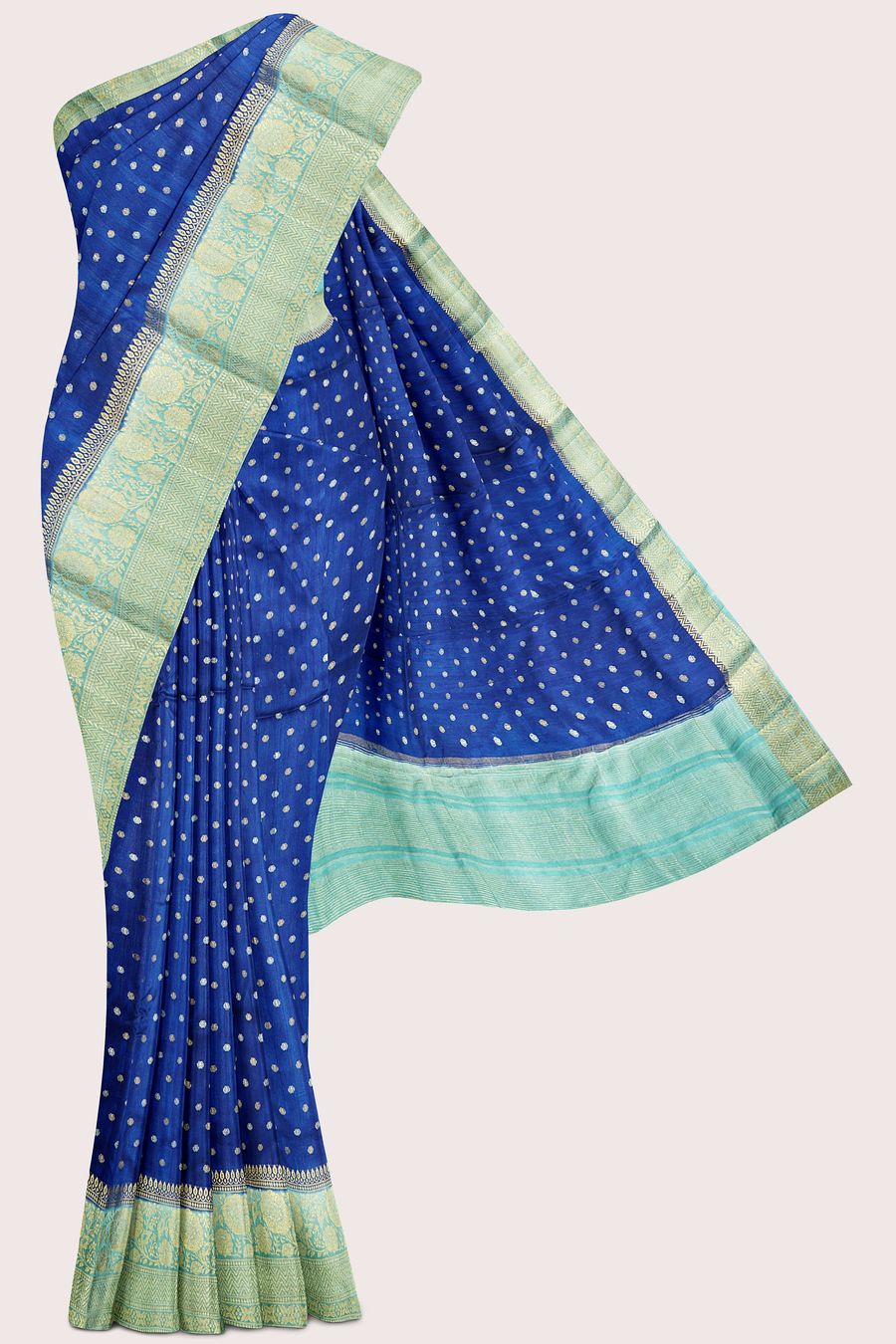 Jute Silk Zari Weaving Butta Dark Blue With Teal Green Saree