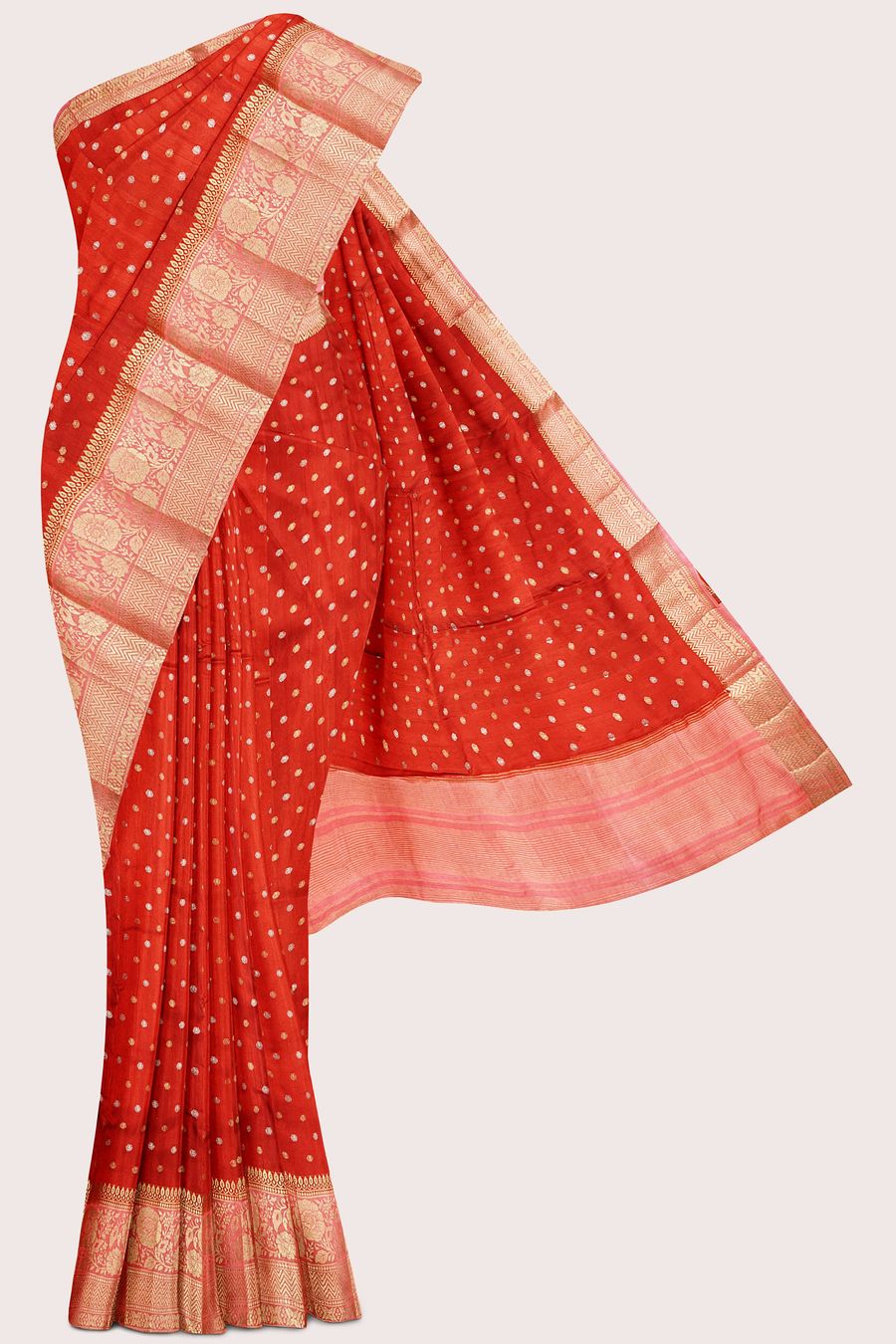 Jute Silk Zari Weaving Butta Maroon Red With Peach Pink Saree