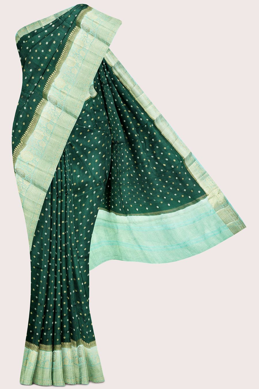 Jute Silk Zari Weaving Butta Dark Green With Teal Green Saree