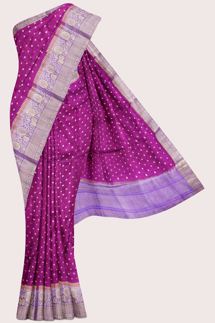 Jute Silk Zari Weaving Butta Bright Magenta Pink With Lavender Saree