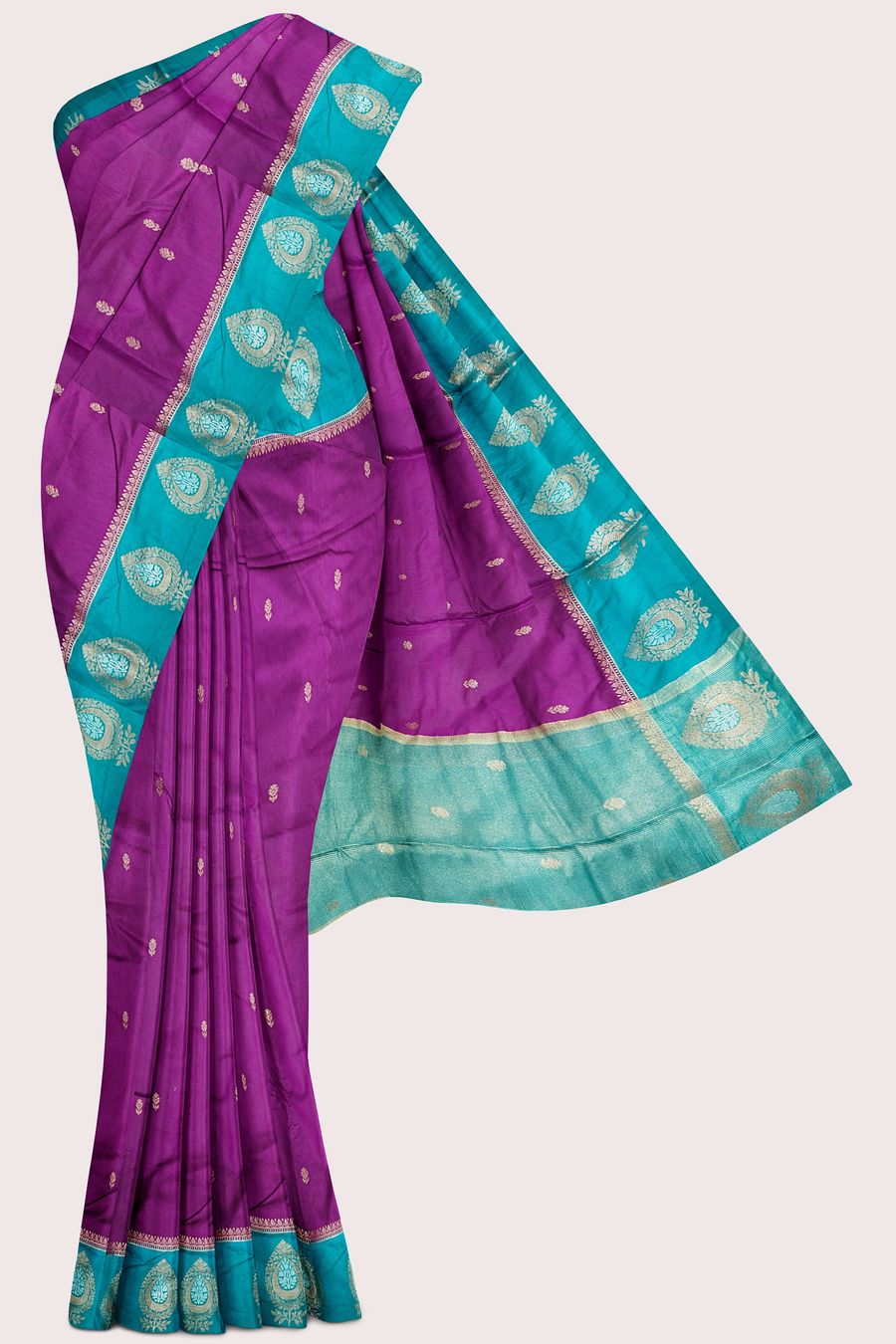 Fanky Silk Gold Zari Flower Butti Dark Brinjal With Rama Green Saree