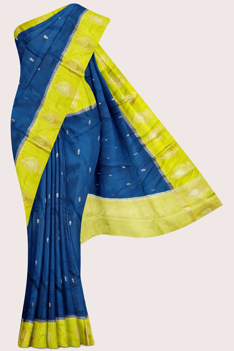 Fanky Silk Gold Zari Flower Butti Peacock Blue With Parrot Green Saree