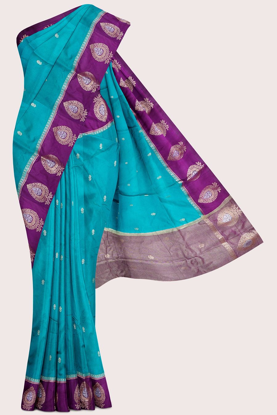 Fanky Silk Gold Zari Flower Butti Rama Green With Magenta Pink Saree