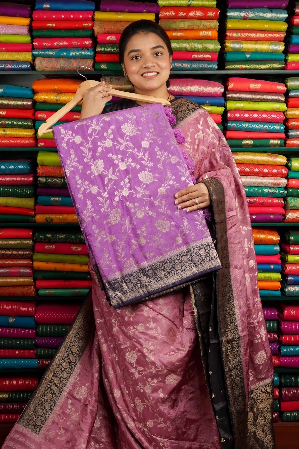 Banarasi Crepe Full Jaal Design Dark Lavendar And Dark Navy Blue Saree