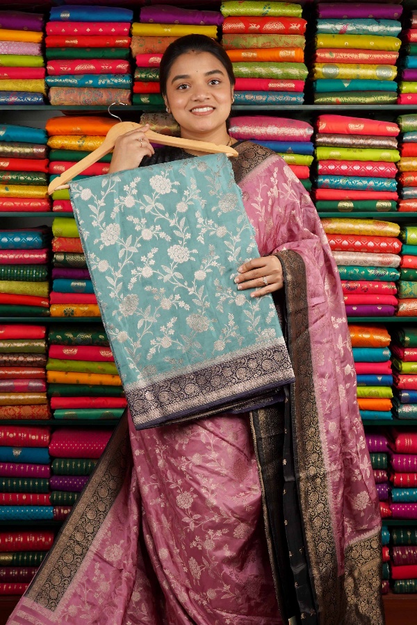 Banarasi Crepe Full Jaal Design Teal  Blue And Dark Navy Blue Saree