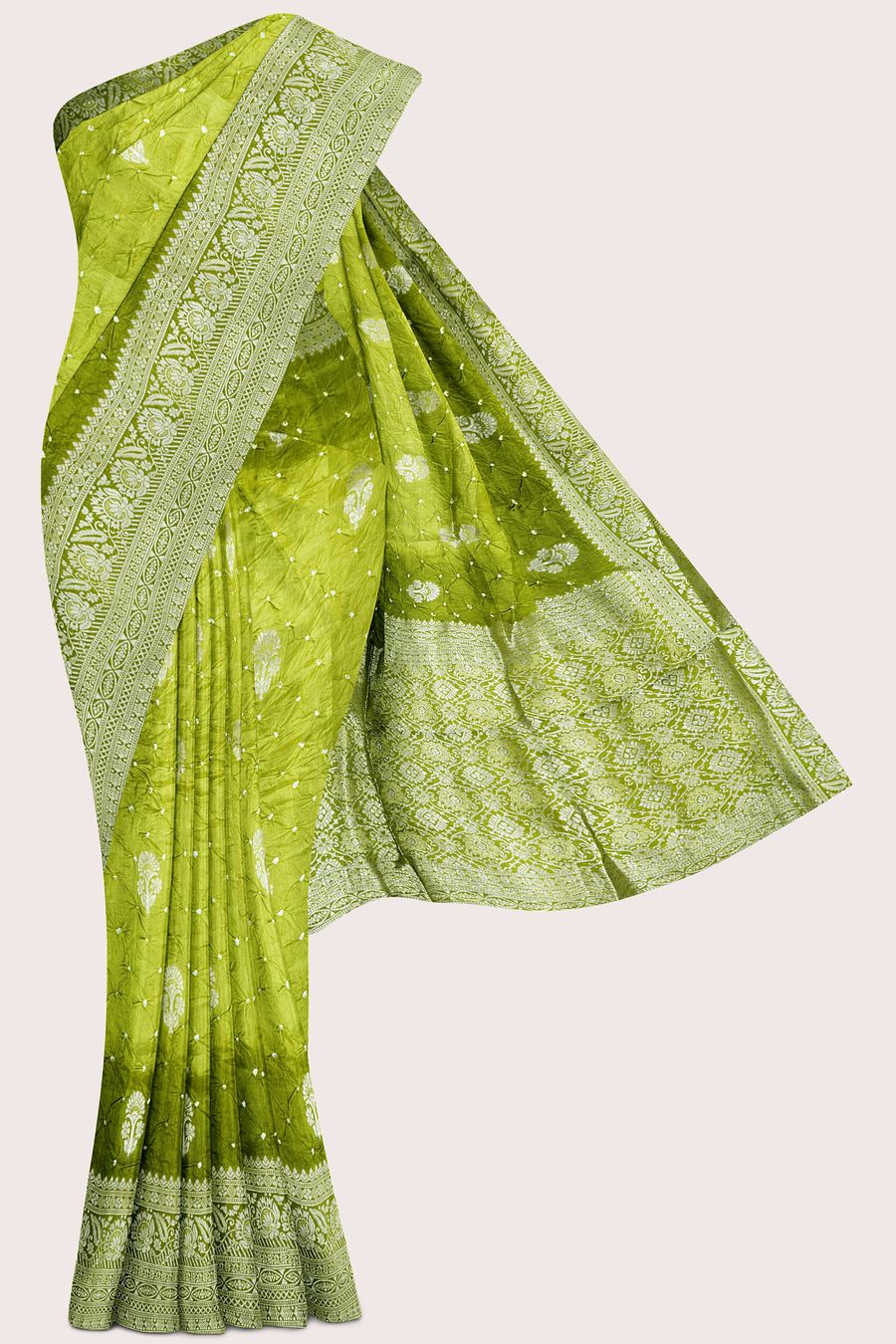 Pure Bandini Tie And Dye Light Leafy Green With Mehandi Green Saree