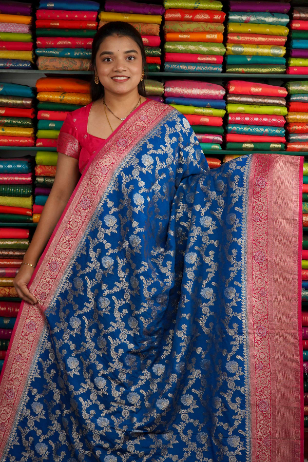 Banarasi Georgette All Over Zari Blue And Pink Saree