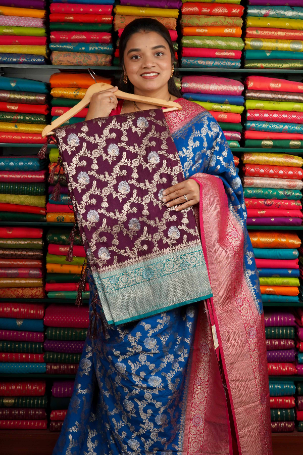 Banarasi Georgette All Over Zari Brown And Rama Blue Saree