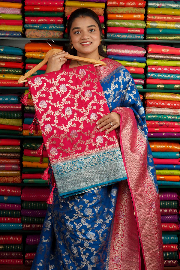 Banarasi Georgette All Over Zari Pink And Coppersulphate Blue Saree