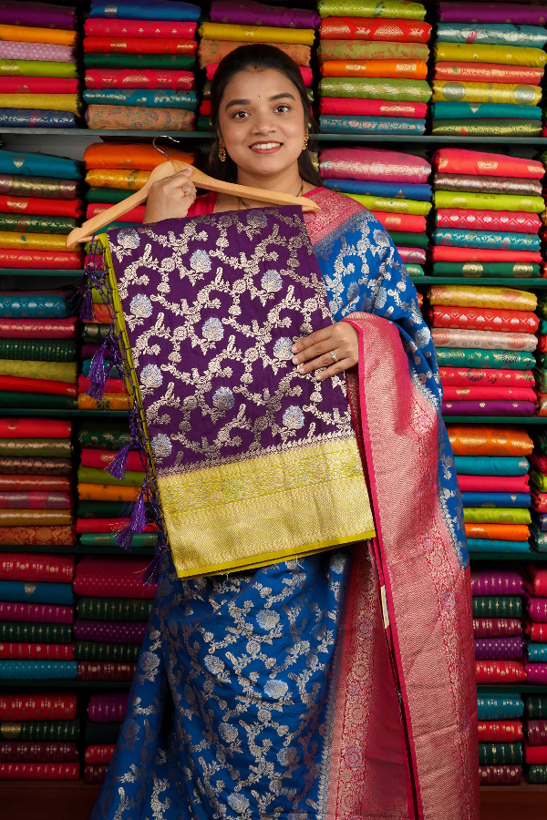 Banarasi Georgette All Over Zari Dark Purple And Yellow Saree