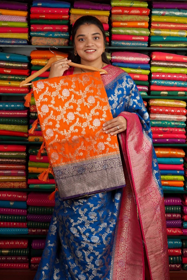 Banarasi Georgette All Over Zari Orange And Dark Purple Saree