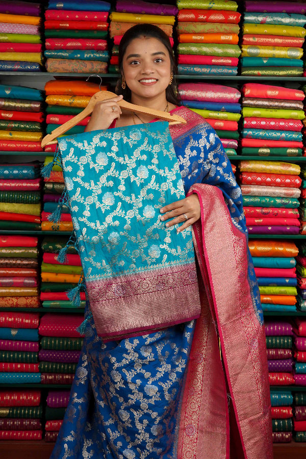 Banarasi Georgette All Over Zari Coppersulphate Blue And Wine Saree
