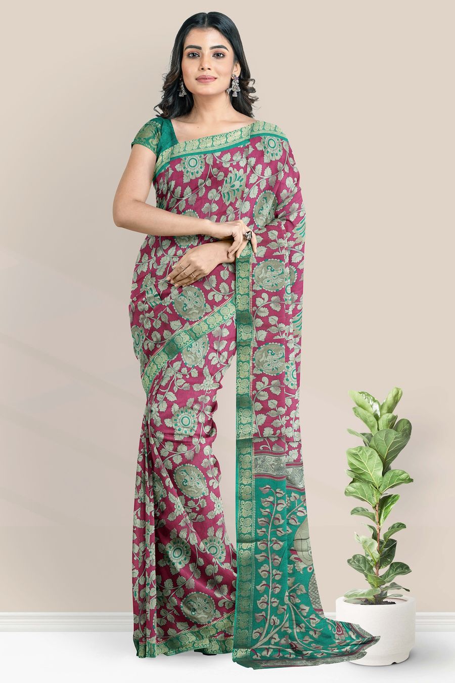 Cotton And Silk Kalamkari Print Pink With Green Saree