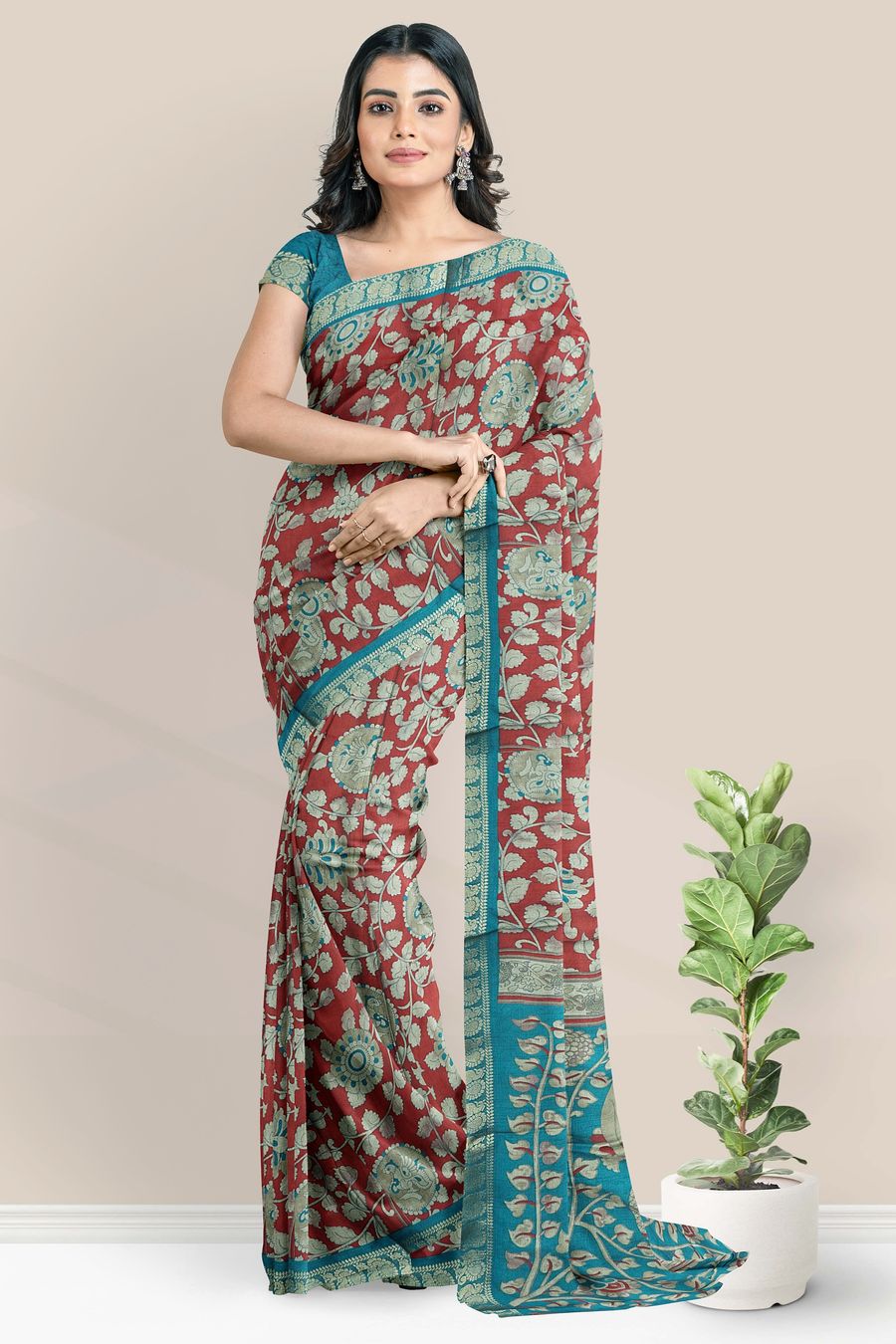 Cotton And Silk Kalamkari Print Maroon With Rama Green Saree