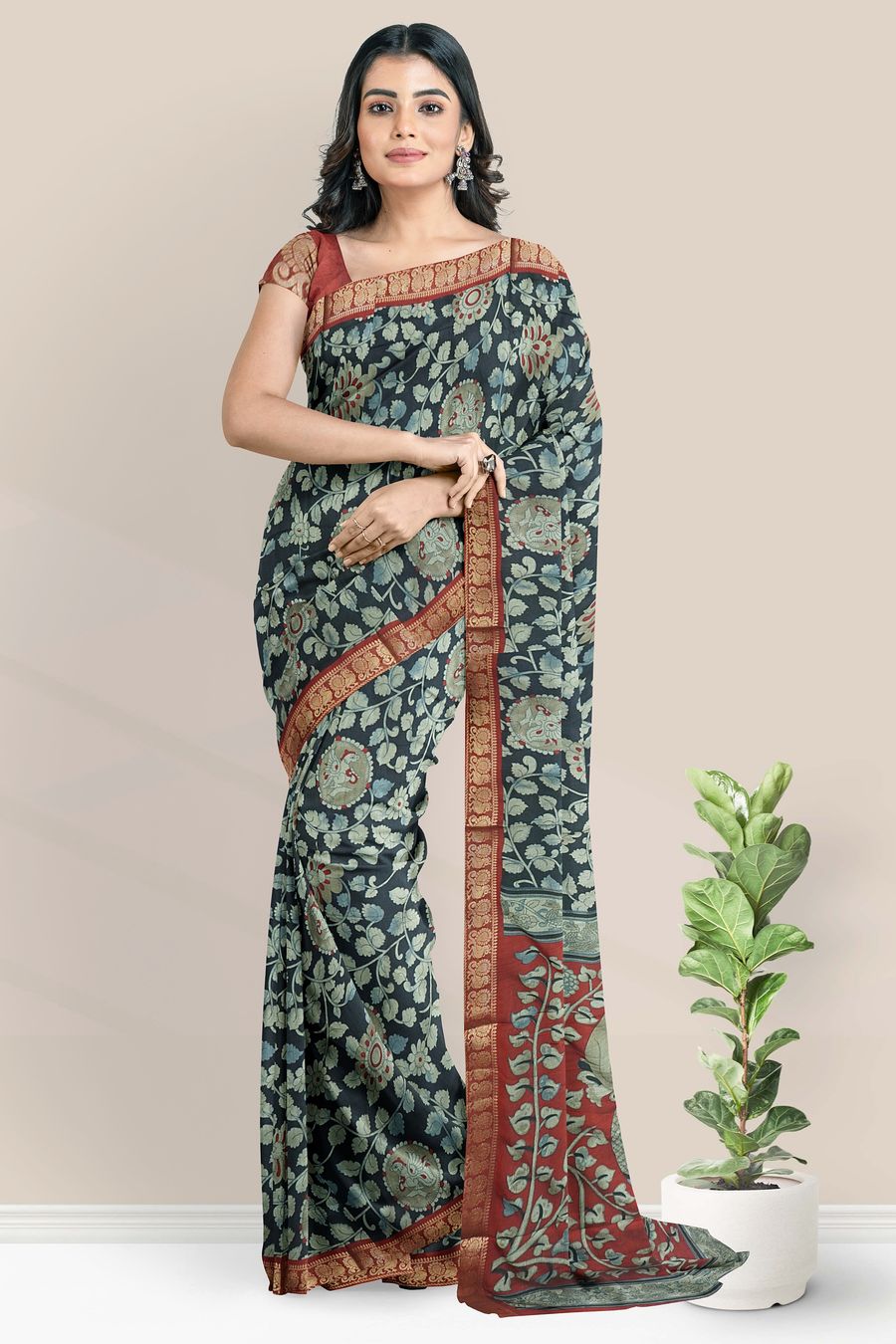 Cotton And Silk Kalamkari Print Black With Maroon Saree